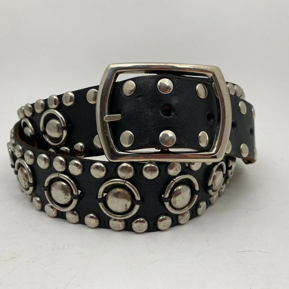 Studded Ring Heavy Black Leather Belt Mens Size 48 Silver Hardware Mexico